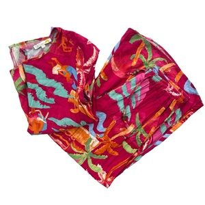 C&C California Women’s M/L Pink Tropical Tee Shirt, & Wide Leg Palazzo Pants Set